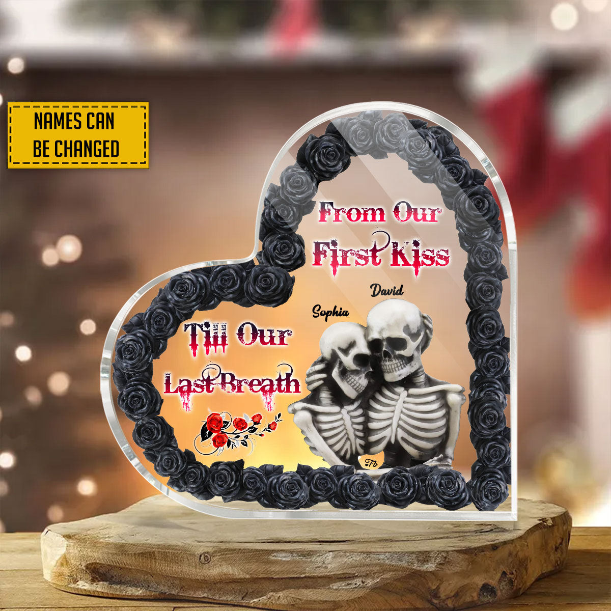 Skull Couple Black Rose Couple Gift Personalized Heart-Shaped Acrylic Plaque