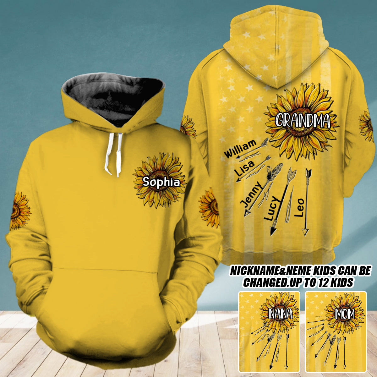 Grandma With Grandkids Sunflower Personalized 3D Hoodie