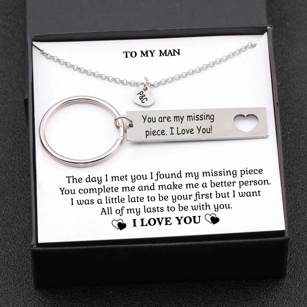 My Man You Are My Missing Piece-Personalized Keychain and Heart Necklace