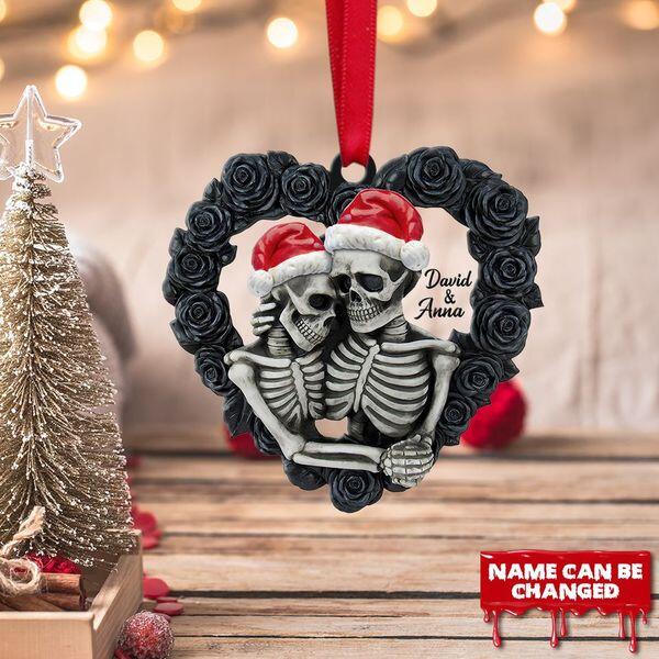 Skeleton Couple Personalized Ornament, Black Rose Heart Shape, Christmas Gift