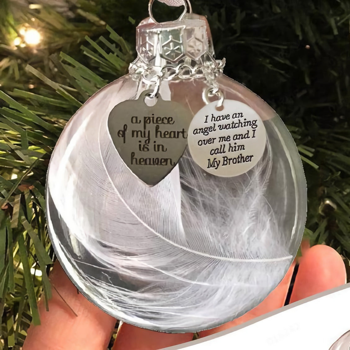 A PIECE OF MY HEART IS IN HEAVEN FEATHER BALL MEMORIAL HEART SHAPED ORNAMENT