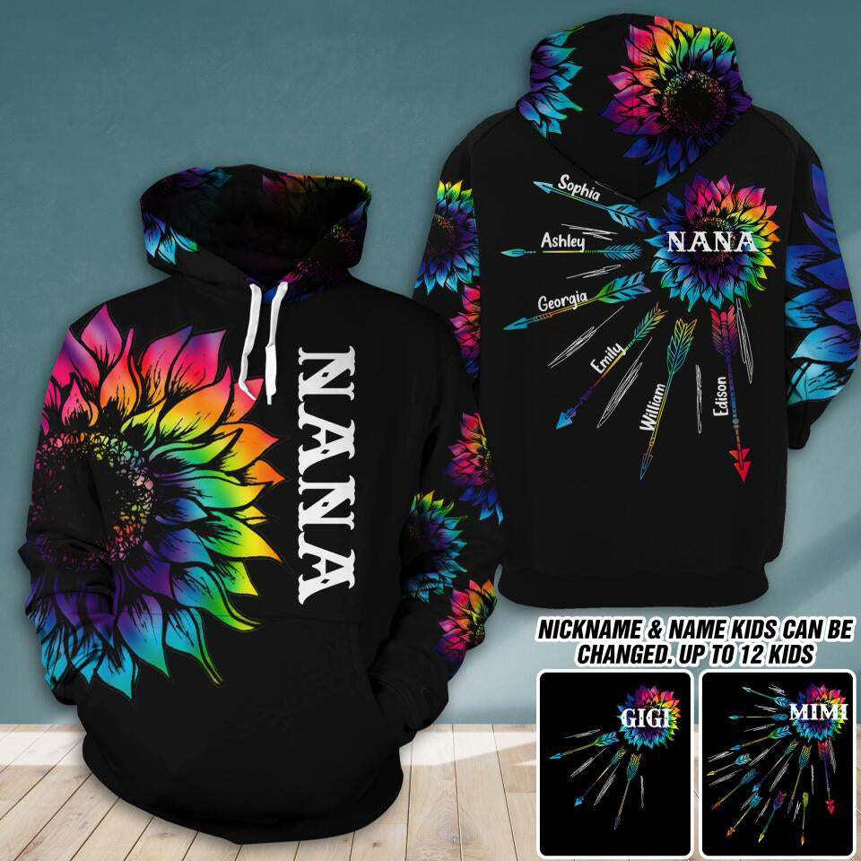 Personalized Grandma with Kid Name Tie Dye Sunflower Hoodie - Woohops